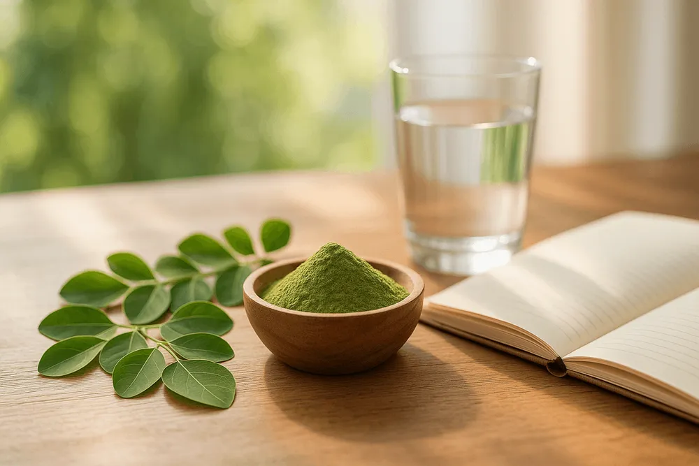 Different forms of Moringa: tea, smoothie, powder, and capsules displayed together