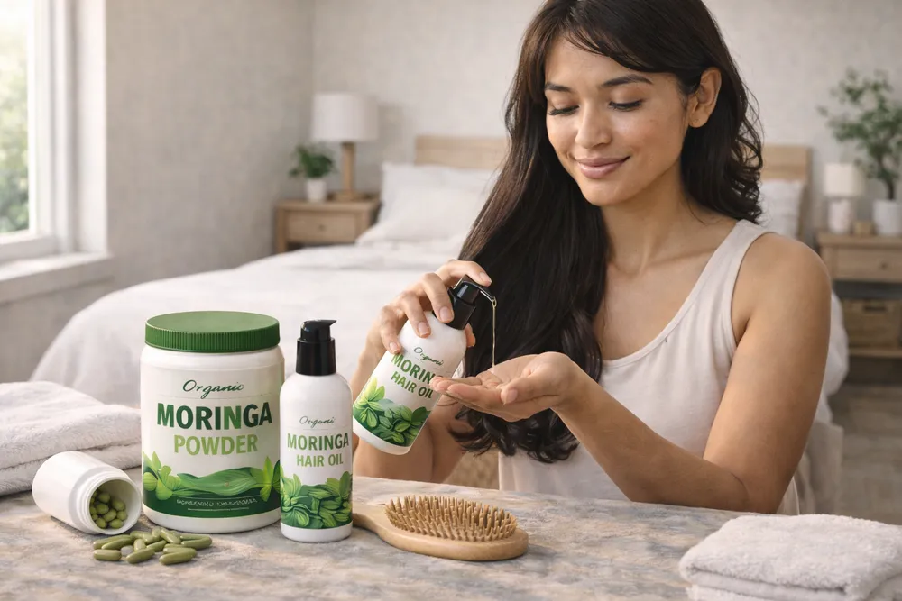 A person in a modern bathroom or bedroom caring for their hair with Moringa products visible, focusing on hair health routine