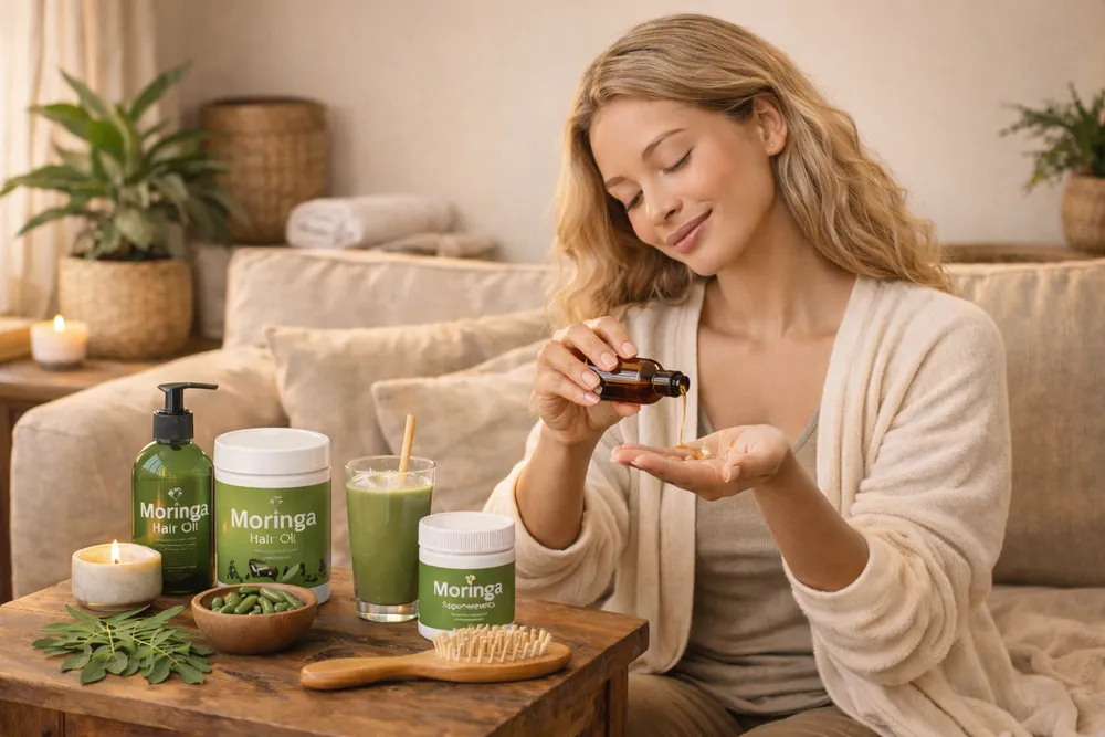 A person in a relaxed indoor space focusing on hair care routine with Moringa, including smoothie or supplement, with wellness-oriented elements