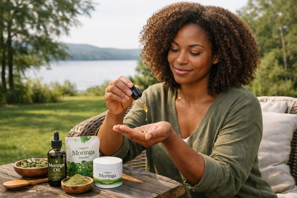 A person with healthy hair in a natural outdoor setting with Moringa products visible, focusing on natural hair health and wellness