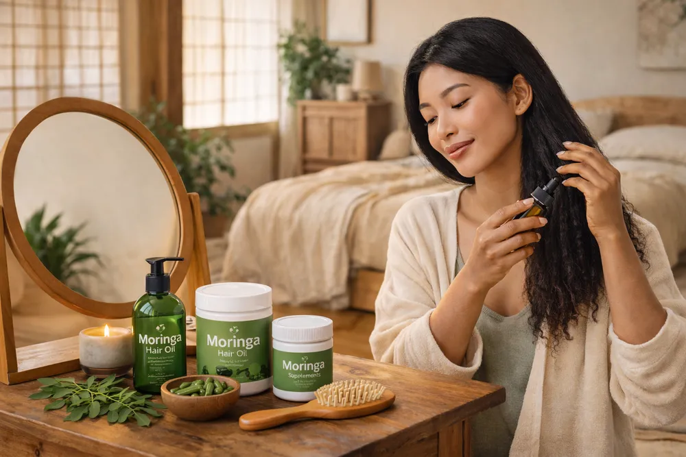 Another hair care context showing Moringa supporting hair health in a different setting, maintaining focus on natural hair wellness