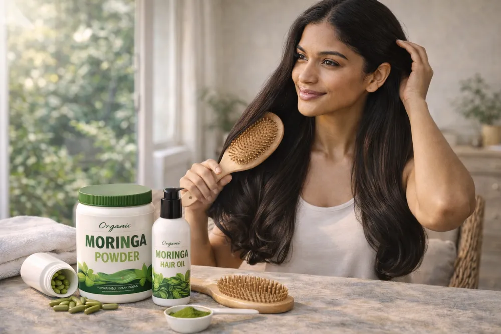 A person with healthy, beautiful, shiny hair in a natural setting with Moringa products visible, focusing on hair health and wellness