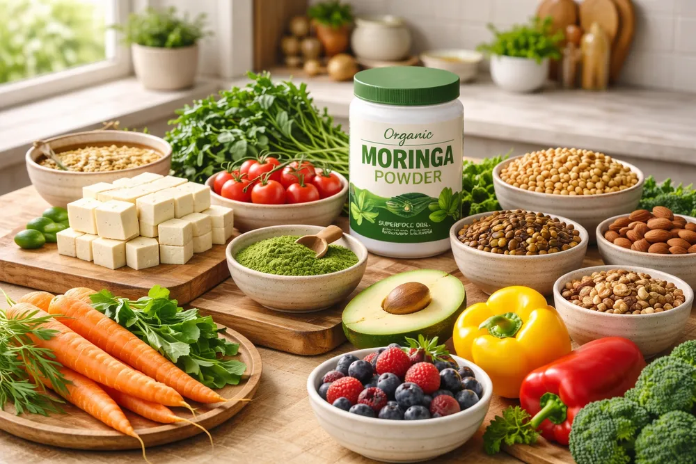 A beautiful kitchen counter arrangement with vegan ingredients including Moringa powder, fresh vegetables, plant-based foods, and colorful fruits