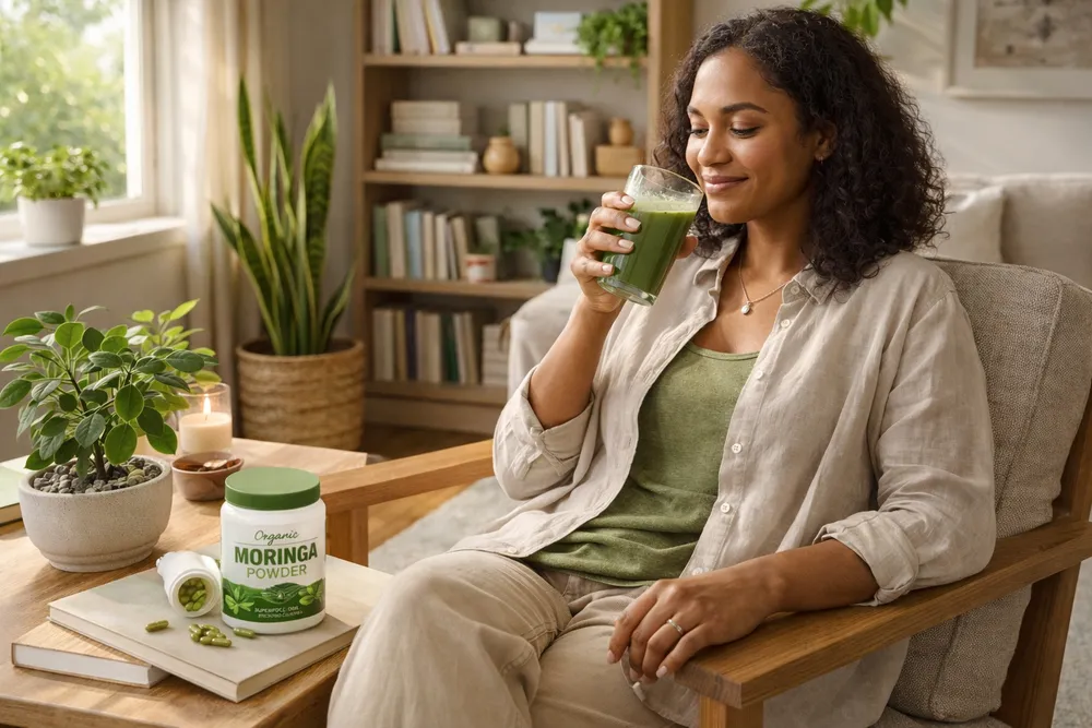 A person in a cozy living room consuming a green smoothie or Moringa tea with Moringa products visible