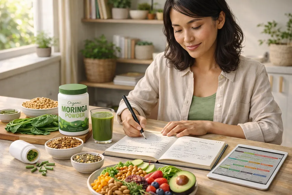 A person at a table with a notebook or tablet planning a vegan meal plan, with Moringa powder and capsules visible alongside various plant-based foods