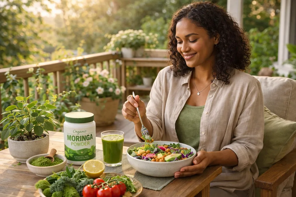 A person on a beautiful porch or garden patio consuming a plant-based meal with Moringa products visible