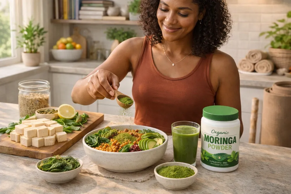 A modern kitchen or wellness space showing Moringa being incorporated into a healthy vegan lifestyle