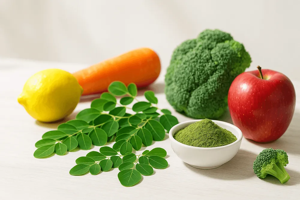 Fresh vegetables and Moringa leaves together for nutritious meals