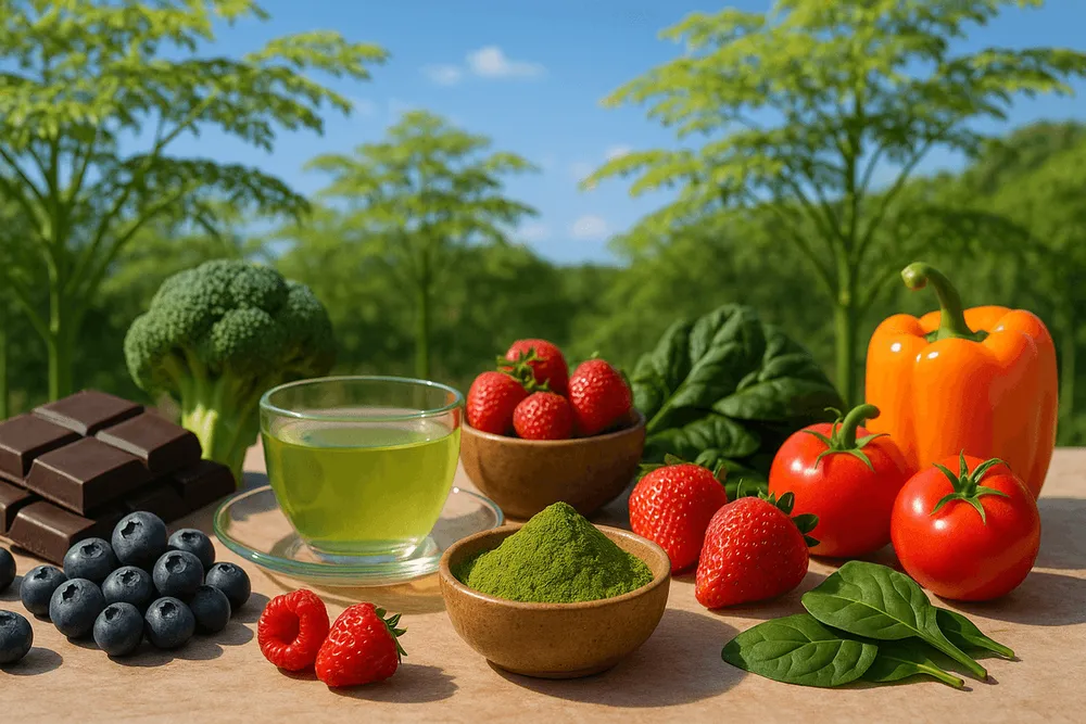 Moringa powder with colorful antioxidant-rich foods including berries, dark chocolate, green tea, and colorful vegetables