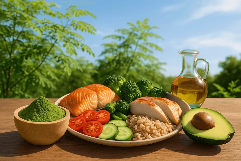 Moringa powder alongside a balanced plate with lean proteins, colorful vegetables, whole grains, and healthy fats