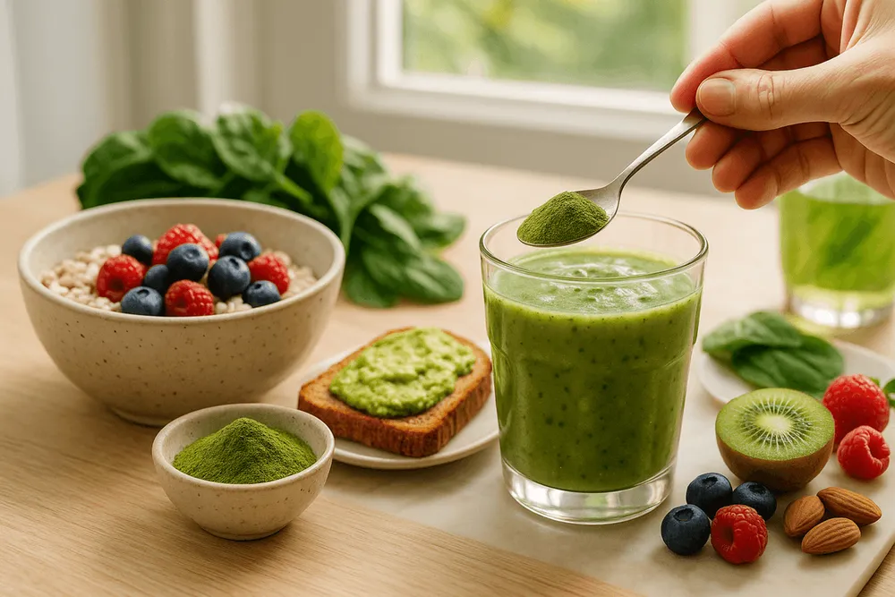 Moringa powder being added to heart-healthy breakfast foods including oatmeal with berries, smoothie, and whole grain toast
