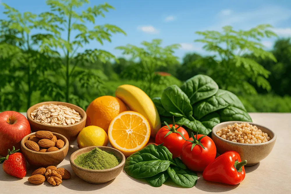 Moringa powder next to heart-healthy foods including dark leafy greens, whole grains, nuts, and fresh fruits