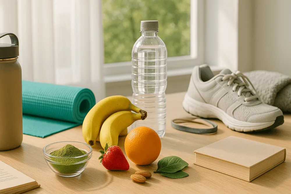 Moringa powder with items representing heart-healthy lifestyle including fresh fruits, water bottle, exercise items, and stress-reducing items