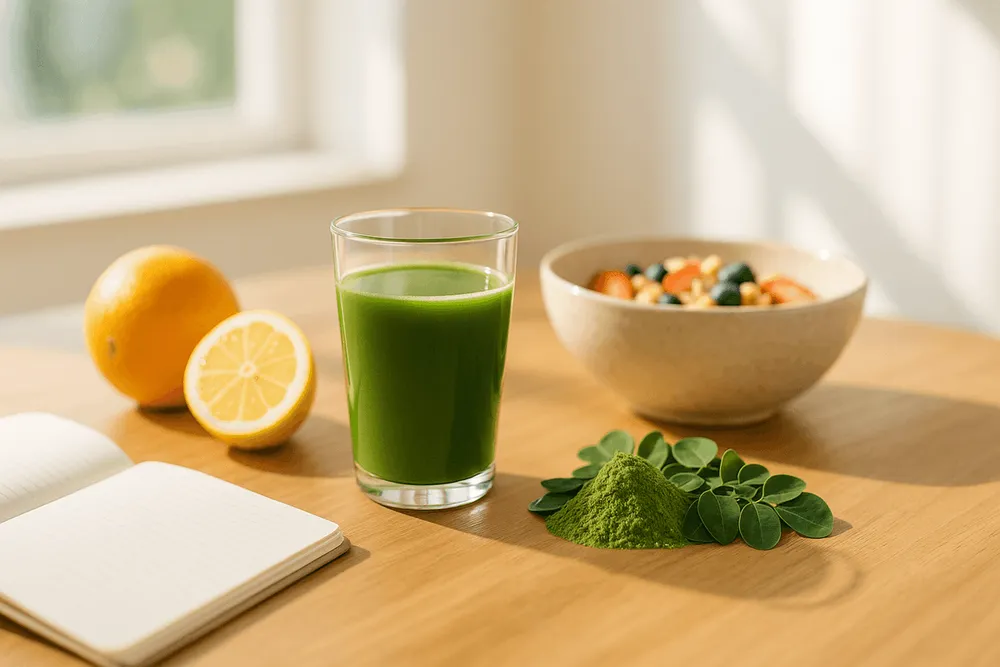 Moringa juice drink with orange and a bowl of cereal with berries