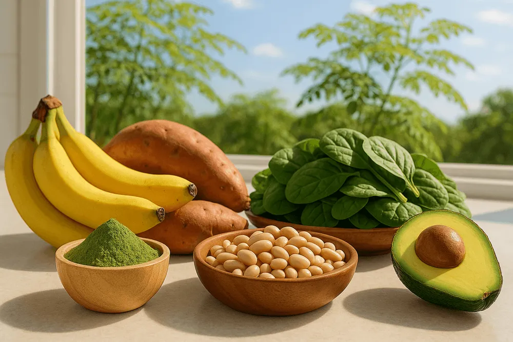 Moringa powder with potassium-rich foods including bananas, sweet potatoes, spinach, avocado, and beans