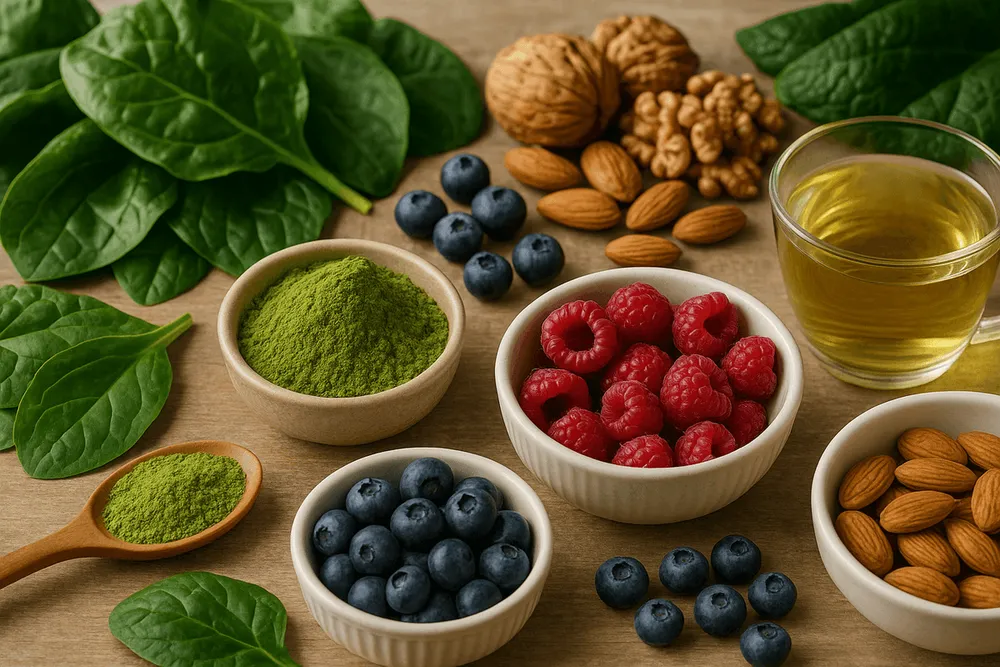 Moringa powder with colorful antioxidant-rich foods including berries, dark leafy greens, nuts, and green tea