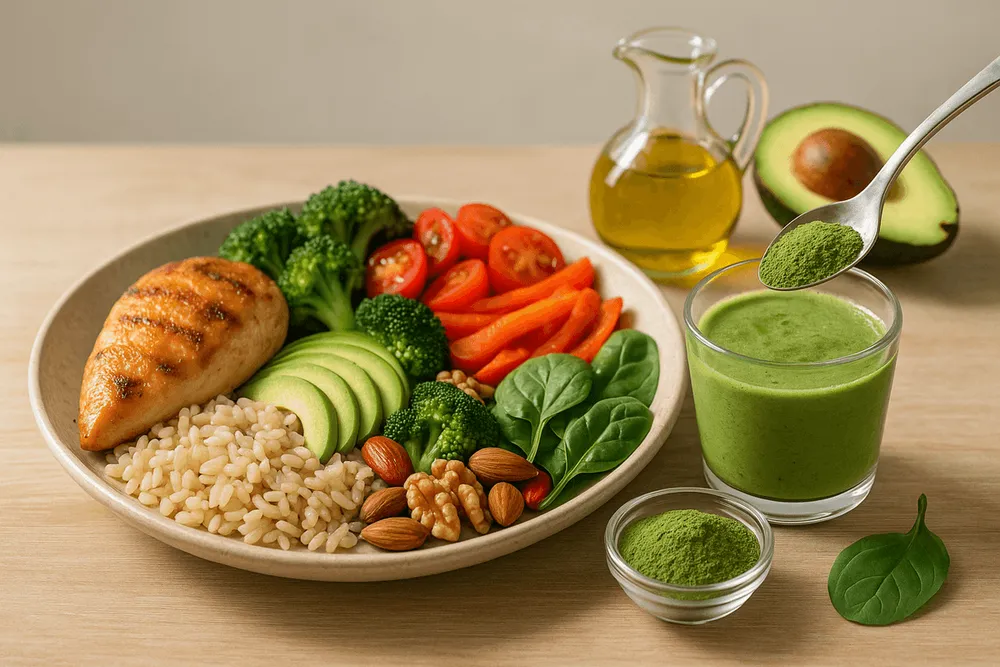 Moringa powder alongside a balanced plate with lean proteins, colorful vegetables, whole grains, and healthy fats