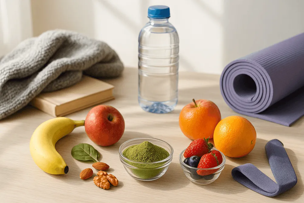 Moringa powder with items representing healthy lifestyle including fresh fruits, water bottle, sleep items, and gentle exercise items