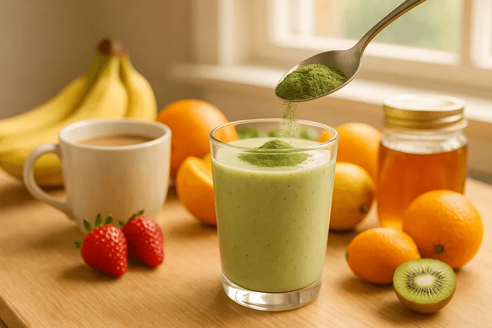 Moringa powder being added to a morning smoothie with fresh fruits, honey, and a warm cup visible