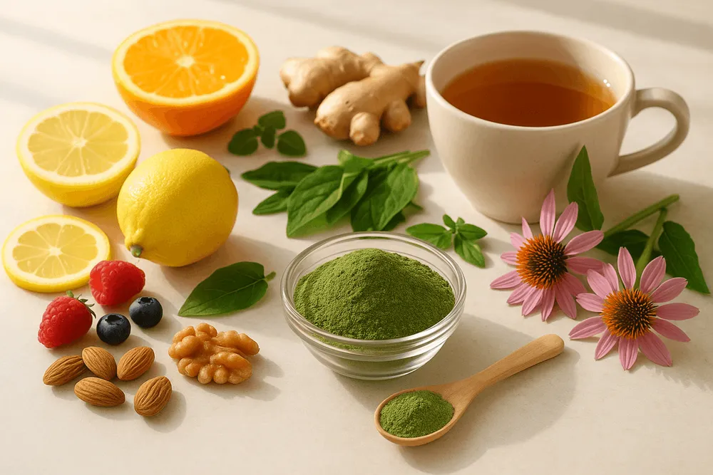 Moringa powder with fresh citrus fruits, herbs like echinacea or fresh ginger, warm tea, and other immune-supporting items