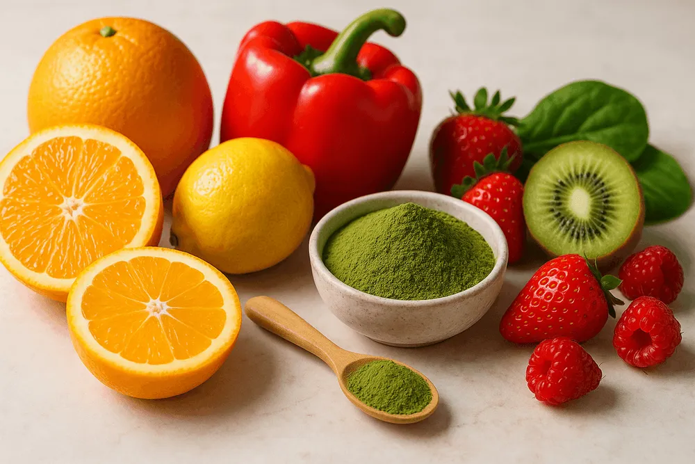 Moringa powder next to citrus fruits and other vitamin C-rich foods like bell peppers, strawberries, and kiwi