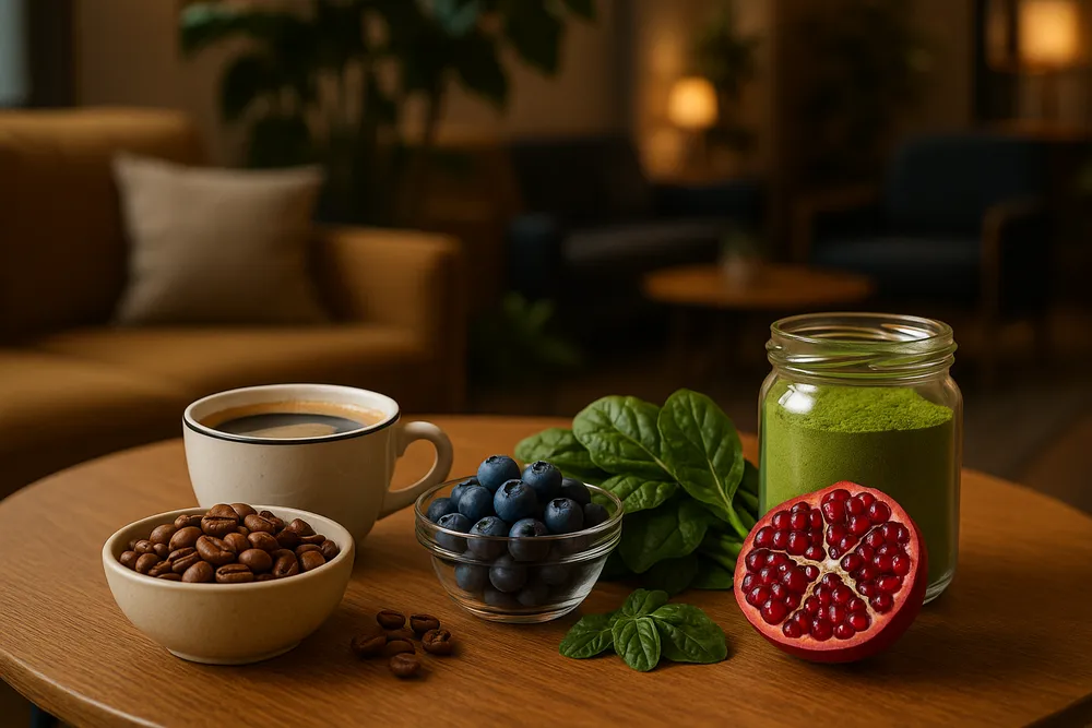 Coffee and Moringa displayed with visual representation of chlorogenic acid and antioxidants