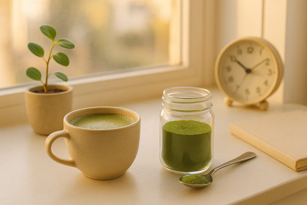 Coffee and Moringa with a clock, showing timing considerations for consumption
