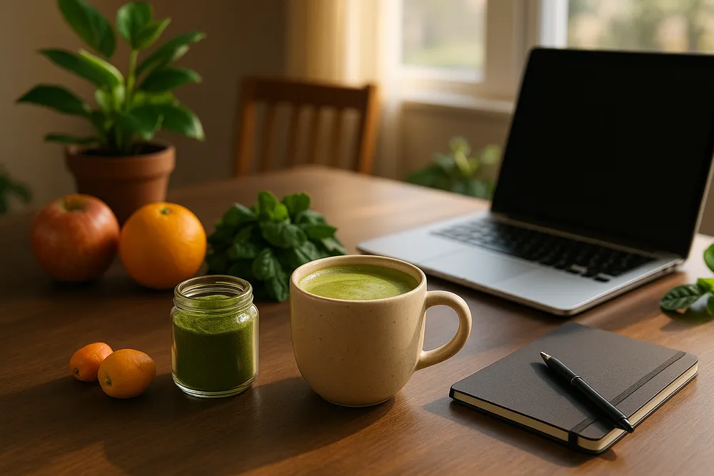 Coffee cup with Moringa being added, showing morning energy and focus enhancement