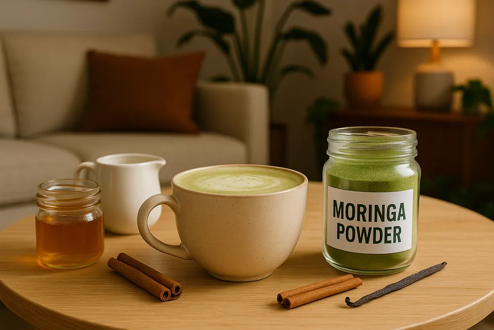 Coffee cup with Moringa, cream, and natural sweeteners, showing flavor customization options