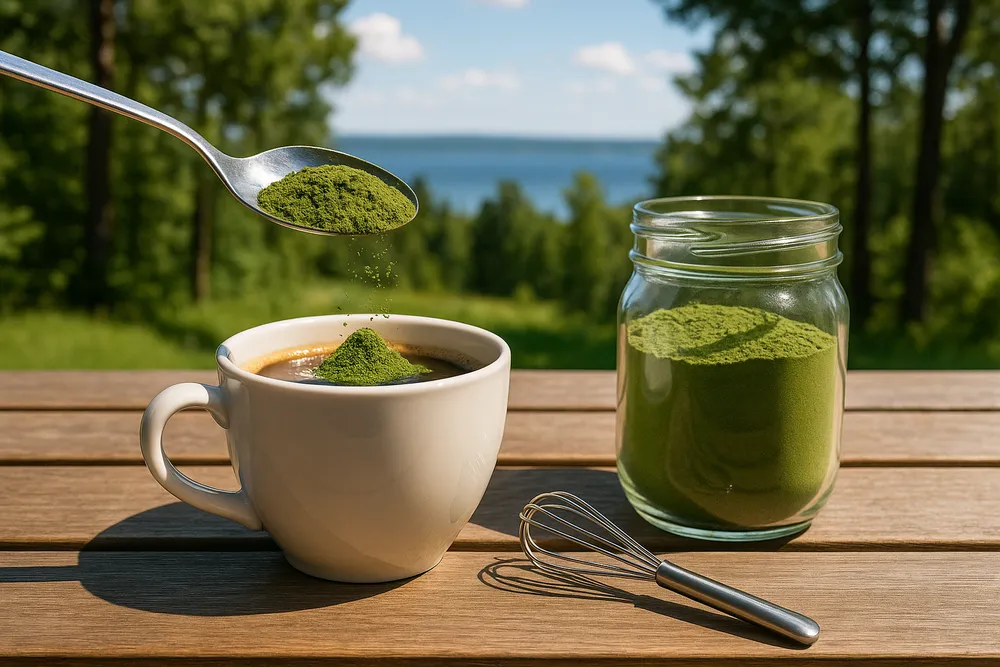 Step-by-step process of adding Moringa powder to coffee, showing the proper technique