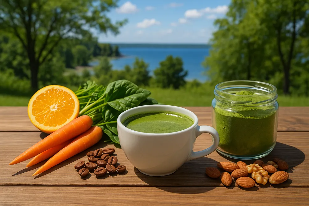 Coffee cup with Moringa powder, fresh fruits and vegetables nearby, showing the nutritional enhancement