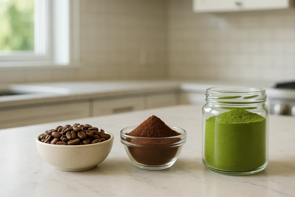 Coffee beans and Moringa powder displayed together, showing the scientific combination of nutrients and antioxidants