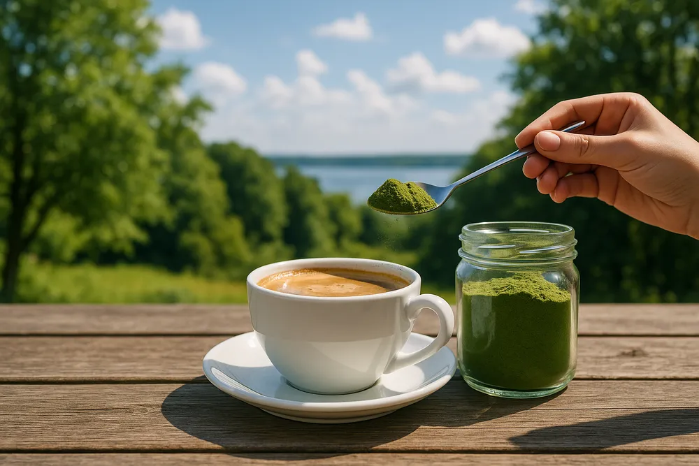 Moringa powder being added to a cup of coffee on an outdoor wooden surface with trees and water in the background