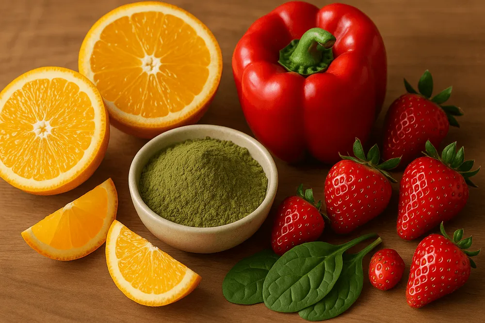 Moringa powder paired with vitamin C-rich foods: fresh oranges, bell peppers, and strawberries