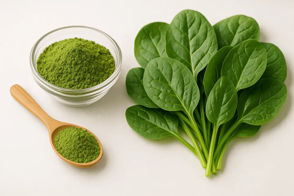Moringa powder and fresh spinach leaves side by side, comparing iron content