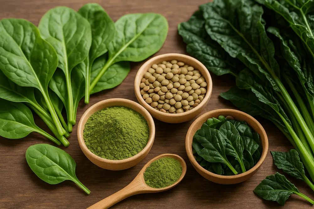 Iron-rich foods including Moringa powder, spinach, lentils, and dark leafy greens arranged together