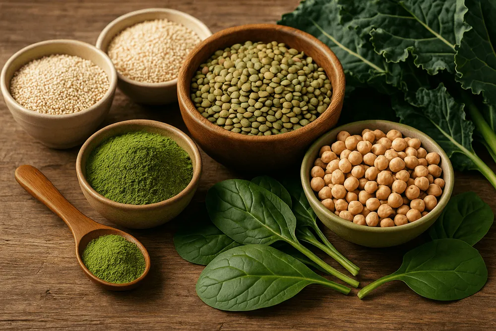 Various plant-based iron sources: Moringa powder, lentils, quinoa, chickpeas, and dark leafy greens