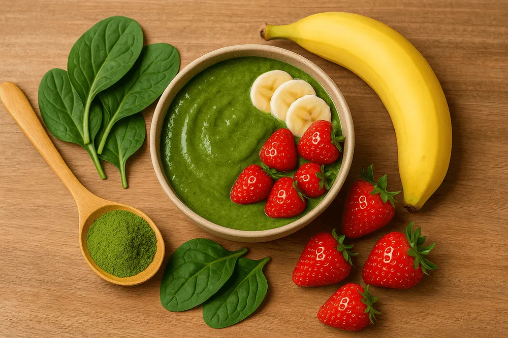 Healthy smoothie or energy bowl with Moringa powder, fresh strawberries, banana, and spinach