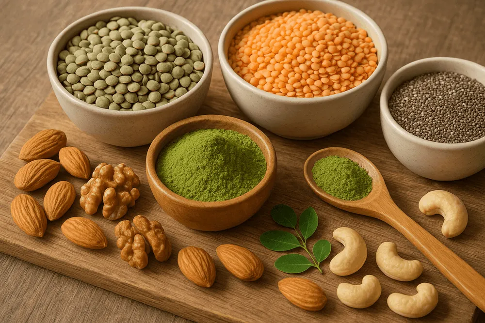 Moringa powder on a table surrounded by various nutrient-rich foods and ball-and-stick amino acid structures