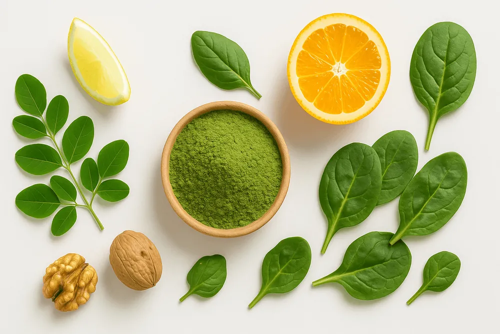 Moringa displayed alongside other healthy foods: spinach, orange, lemon, and walnuts