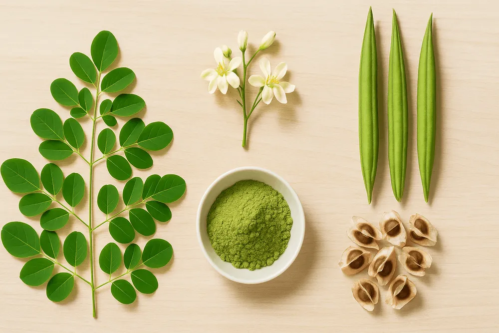 Close-up view of Moringa tree parts arranged together: fresh green leaves, delicate white flowers, brown seed pods, and individual seeds