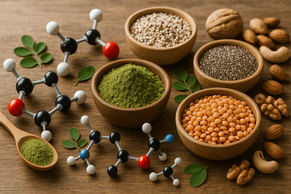 Moringa powder next to other plant-based protein sources like lentils, quinoa, chia seeds, and nuts