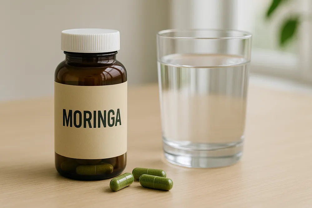 Moringa capsules in a bottle with a glass of water, arranged on a clean desk surface