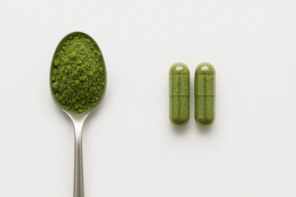 Visual comparison showing one teaspoon of Moringa powder next to equivalent capsule dosage on a white surface