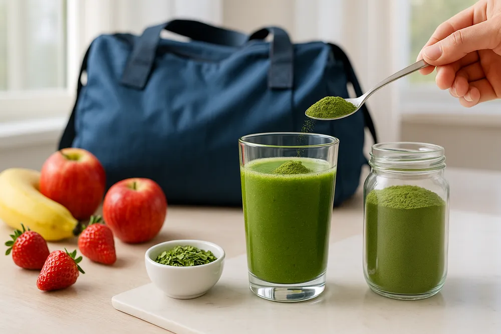 Active lifestyle scene with Moringa powder being added to a green smoothie, gym bag and fresh fruits on a kitchen counter