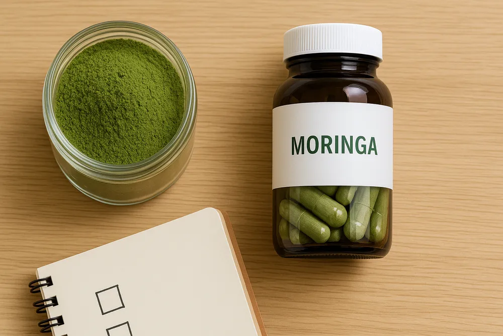 Both Moringa powder and capsules displayed together with a checklist or comparison guide visible