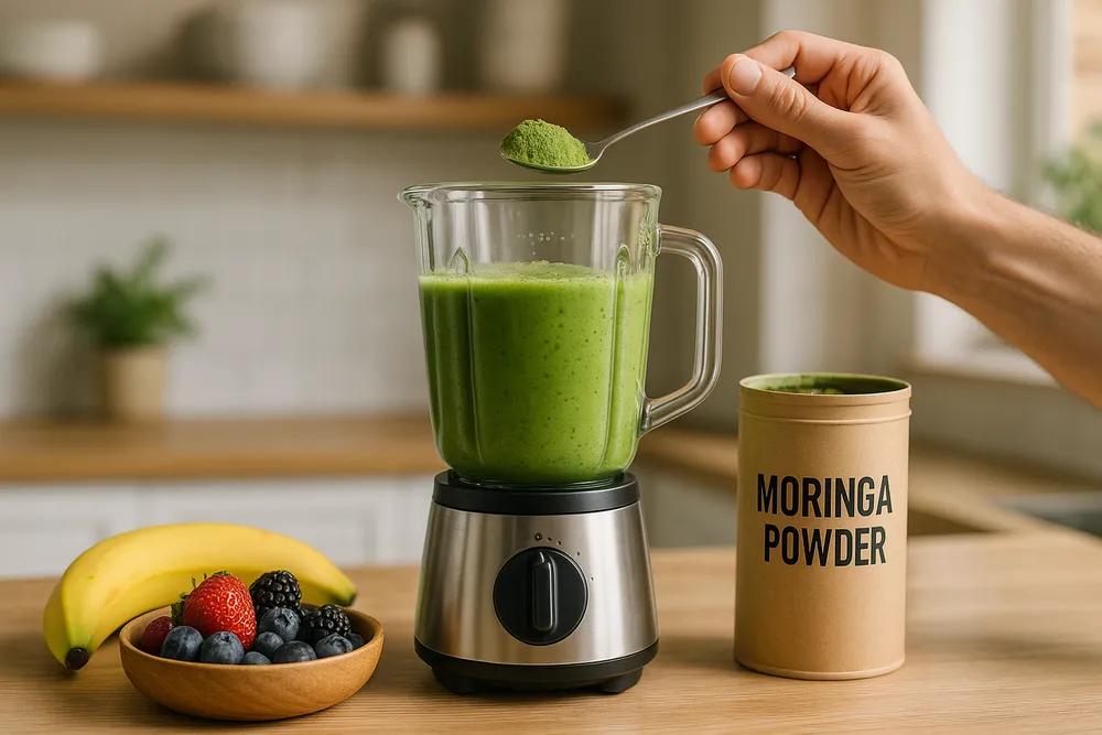 Moringa powder being added to a smoothie in a blender, with fresh fruits visible on the counter