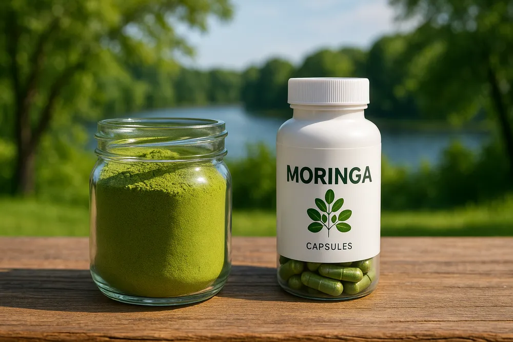 Moringa powder in a glass jar and Moringa capsules in a bottle displayed on an outdoor wooden surface with trees and water visible in the background