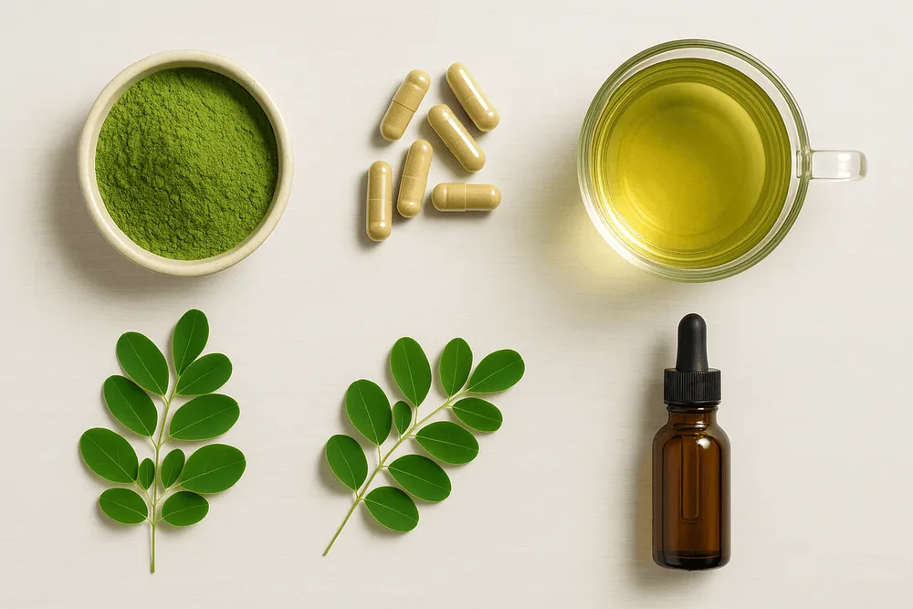 Various Moringa products displayed together: green powder in a jar, capsules in a bottle, dried tea leaves, tincture bottles, and fresh green Moringa leaves