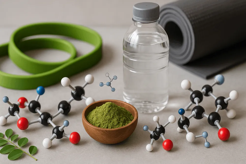 Moringa powder, a water bottle, and exercise-related items arranged together
